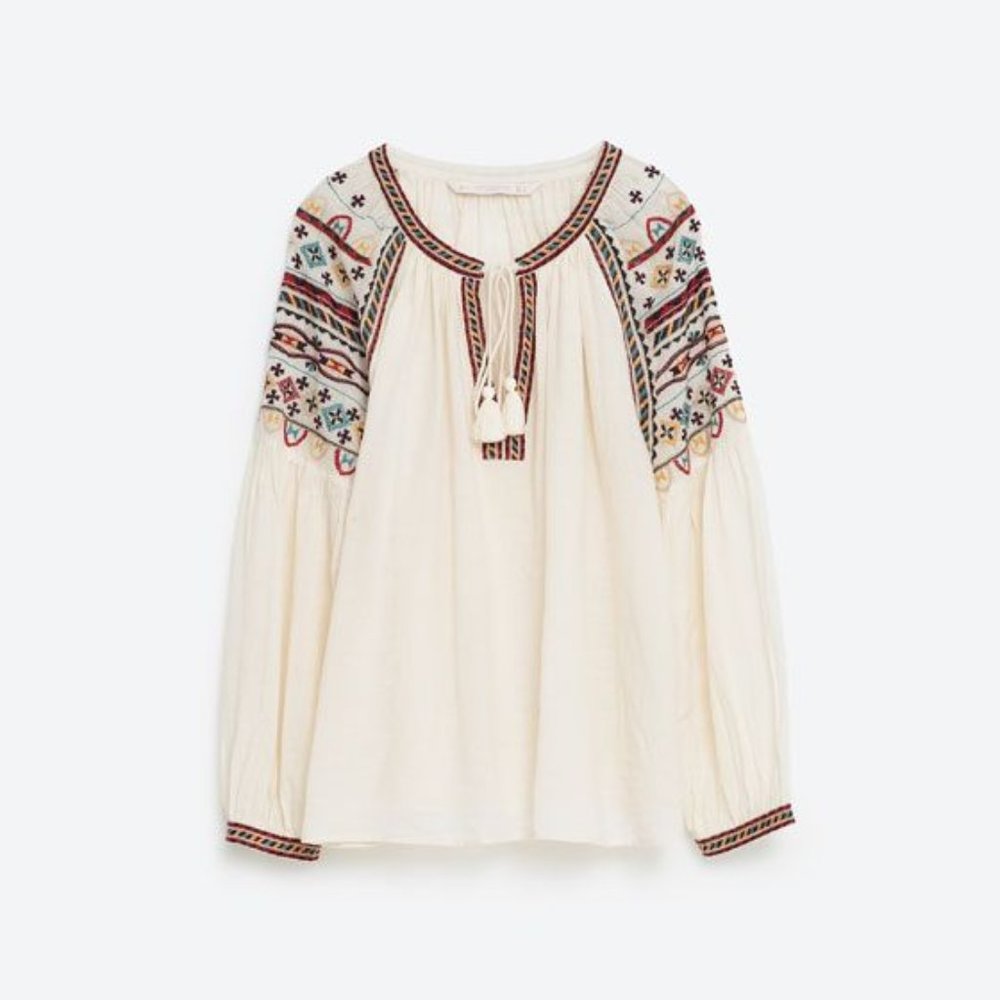 Zara Embroidered Western Boho Cream Lightweight Tunic Long Sleeves